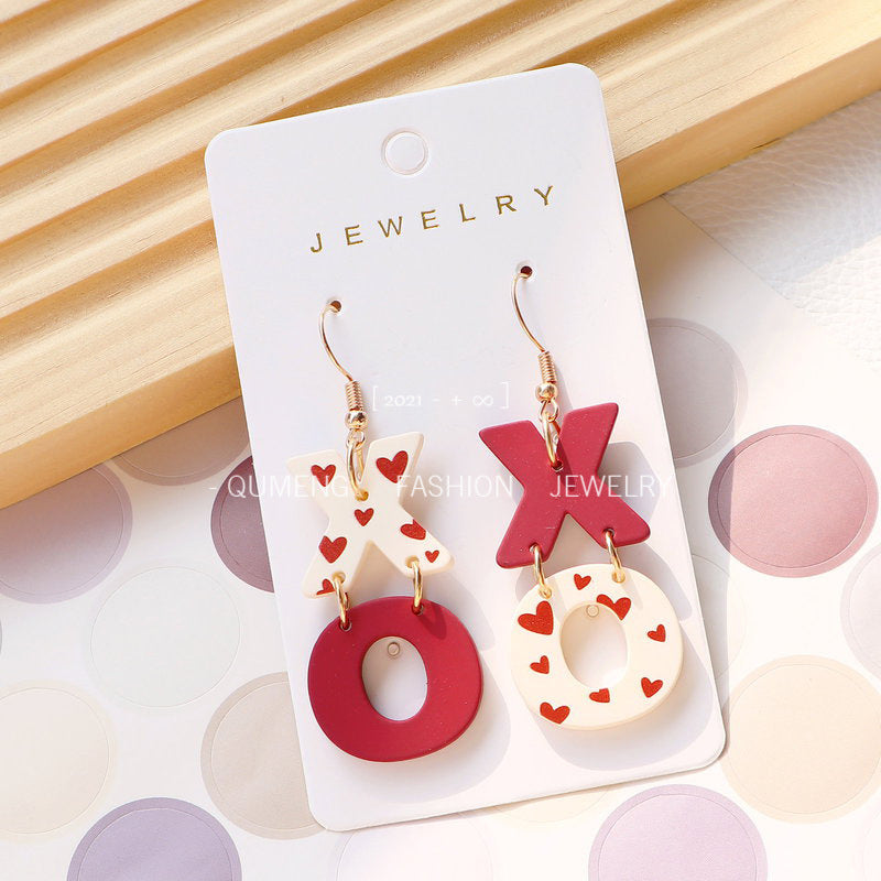 Wholesale Valentine's Day acrylic paint XO wine red contrast heart earrings